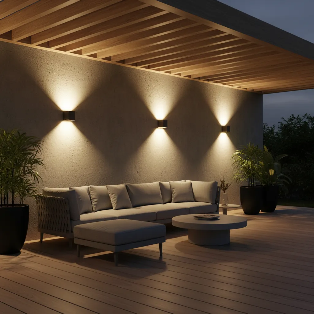 Battery powered outdoor wall light illuminating a shaded patio area