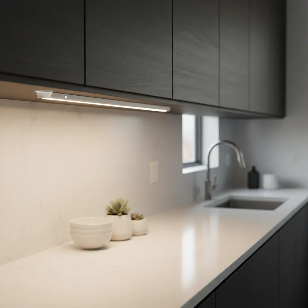 battery powered LED light bar mounted under kitchen cabinet