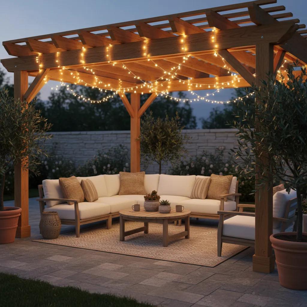 Pergola patio decorated with warm battery powered string lights