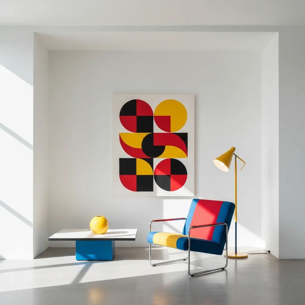 Interior blanco con acentos rojo azul y amarillo estilo Bauhaus