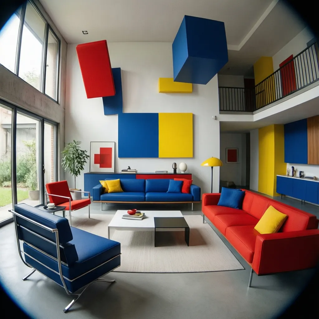 Interior moderno Bauhaus con acentos de color rojo y azul