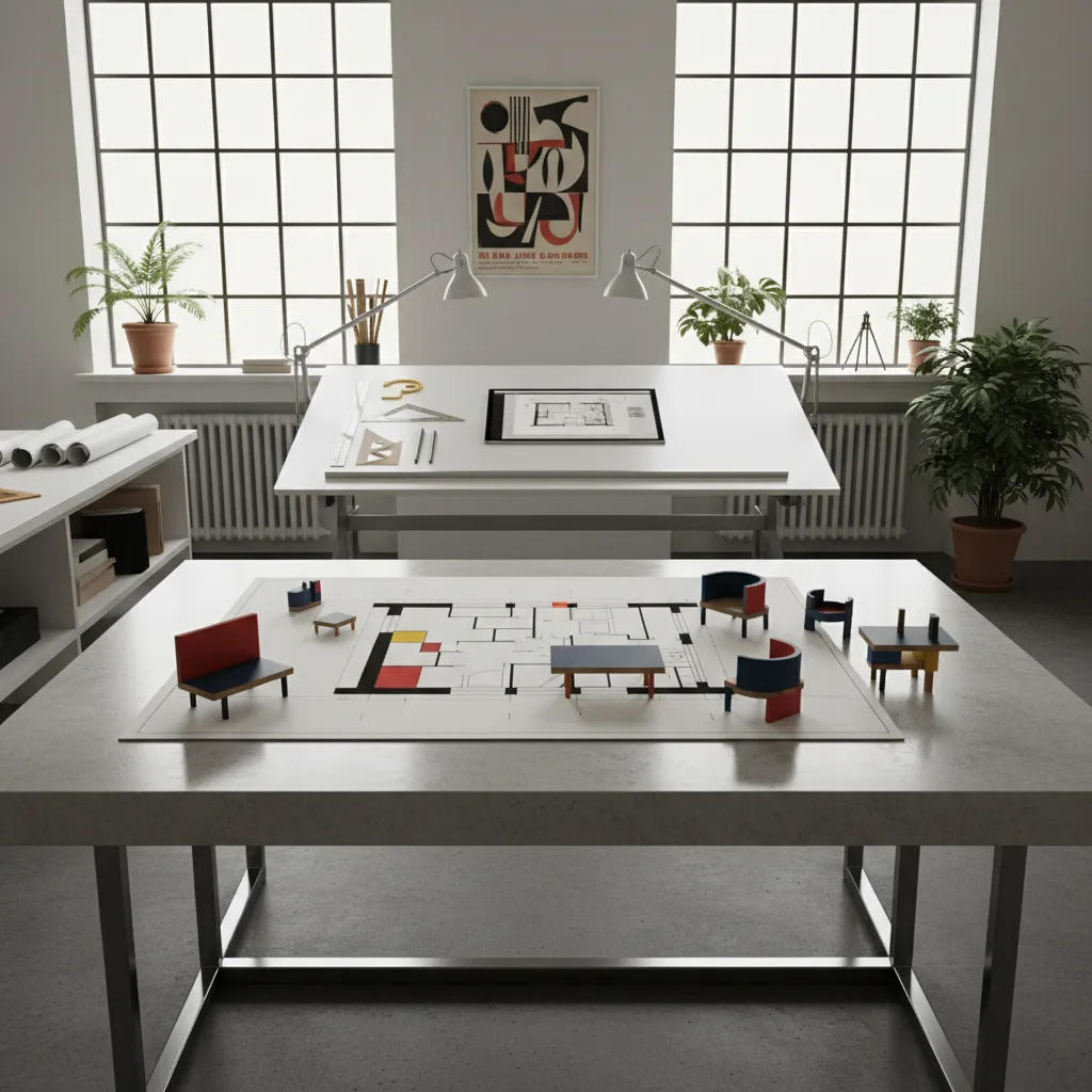 Proceso de planificación de interior Bauhaus con plano y muebles geométricos