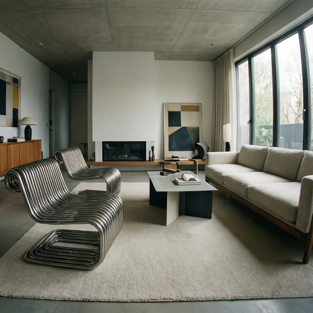 Sala con muebles icónicos Bauhaus y líneas geométricas simples