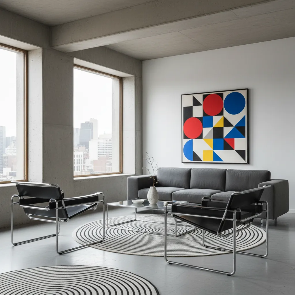 Salón con muebles geométricos y estética Bauhaus