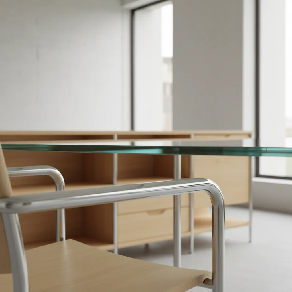 Detalle de materiales Bauhaus con acero tubular, vidrio y madera clara