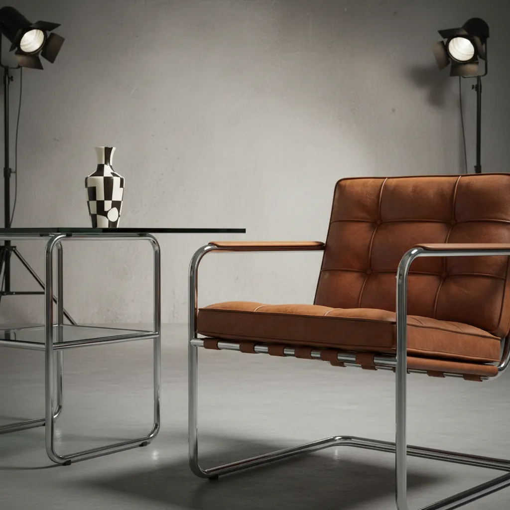 Detalle de muebles Bauhaus con acero tubular y vidrio