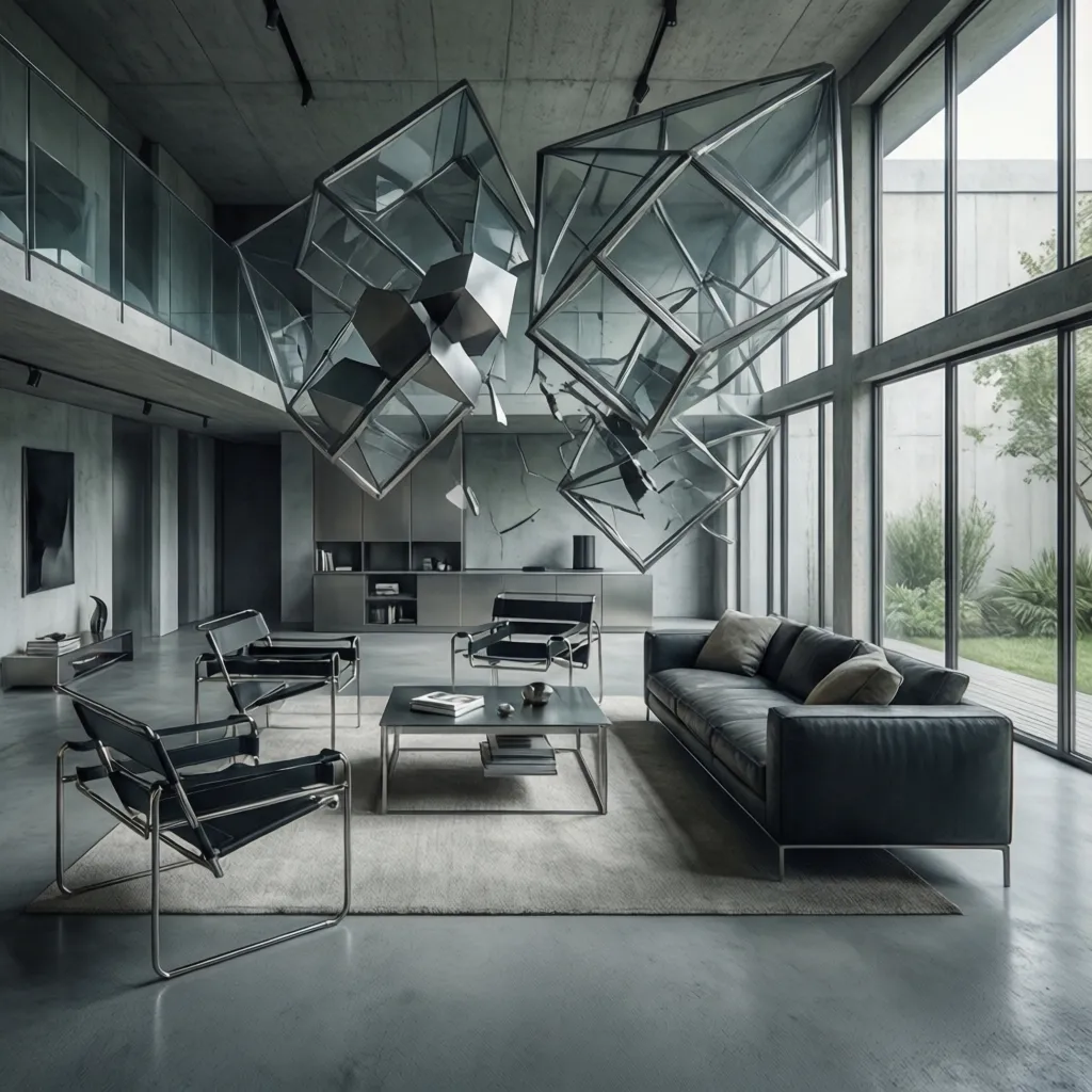 Render realista de interior moderno inspirado en Bauhaus