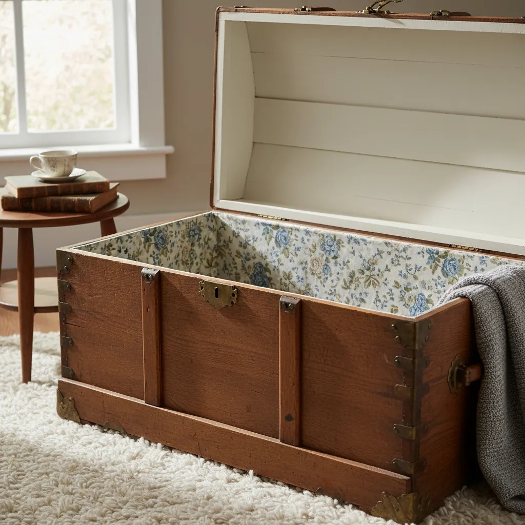 Interior de baúl decorado con pintura clara y tela en el fondo