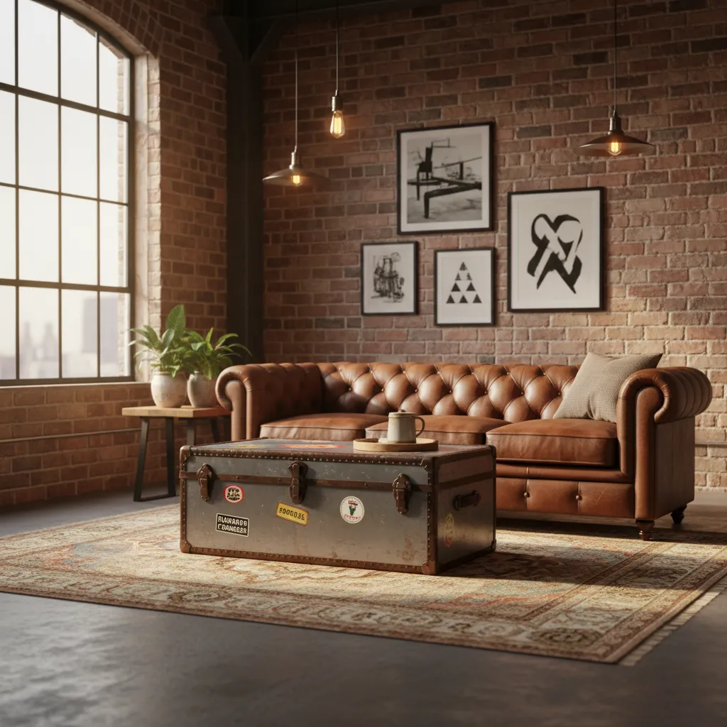 Salón de estilo industrial con baúl de metal como elemento protagonista