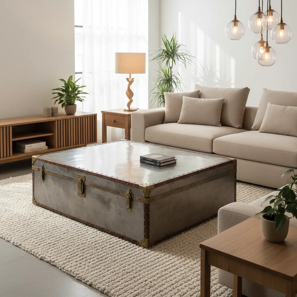 Baúl metálico utilizado como mesa de centro en un salón contemporáneo