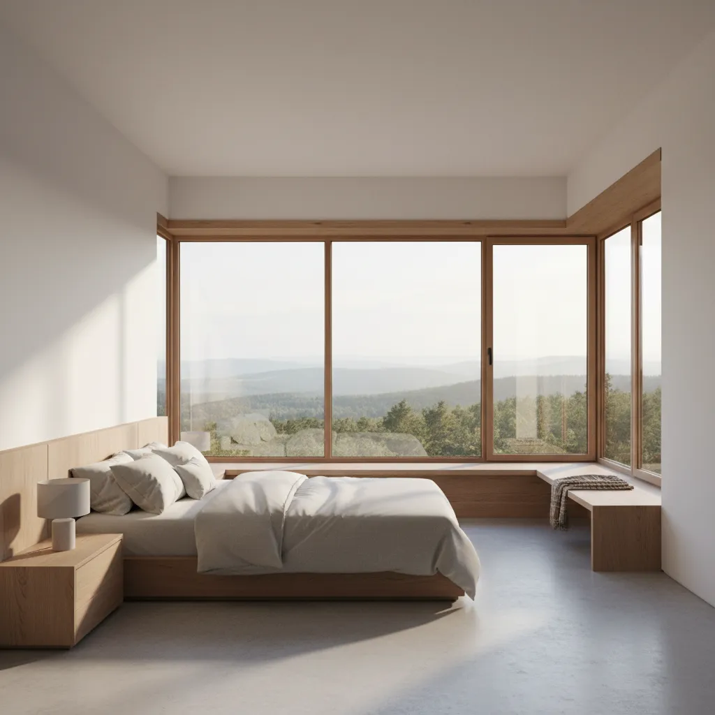 Bedroom interior highlighting bay window as architectural focal point