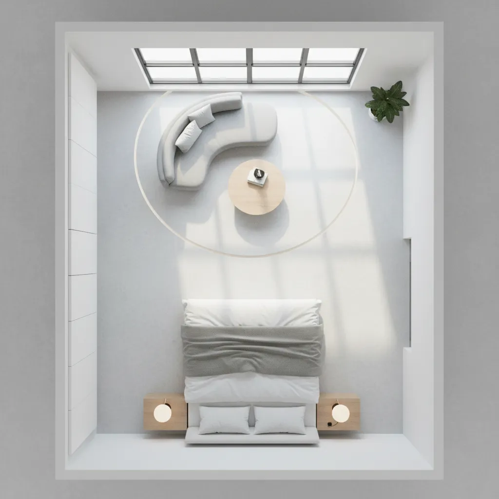 bedroom floor layout showing circulation space around bay window