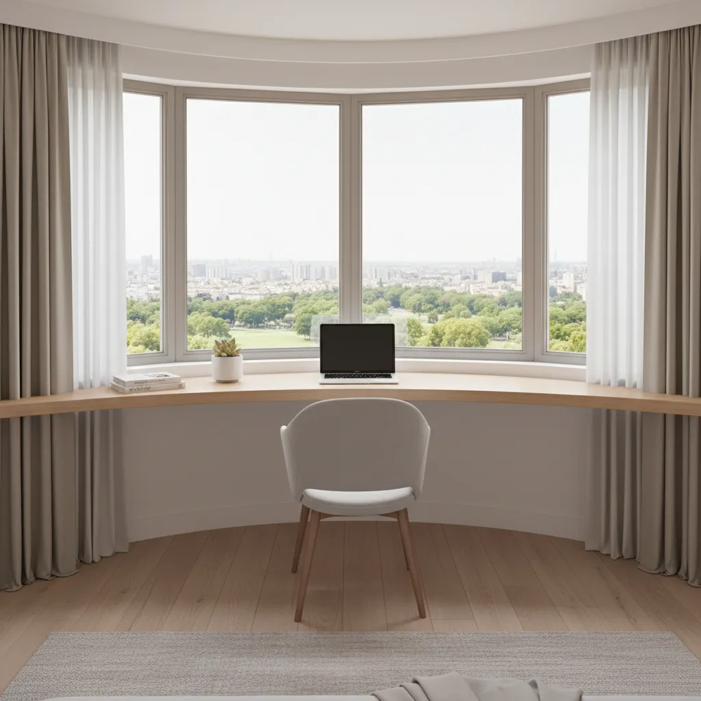 Compact desk placed inside a bedroom bay window for efficient space use