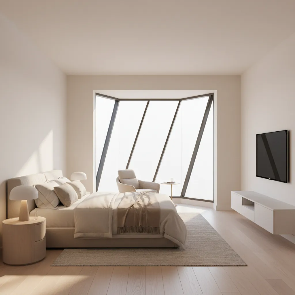 Bedroom with a bay window alcove and bed placed on adjacent wall