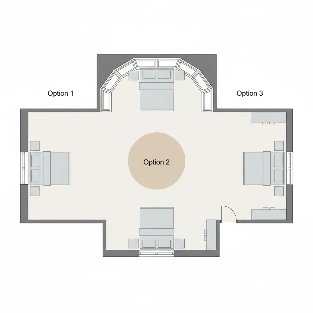 Diagram style visualization comparing bed placement options in bay window bedrooms