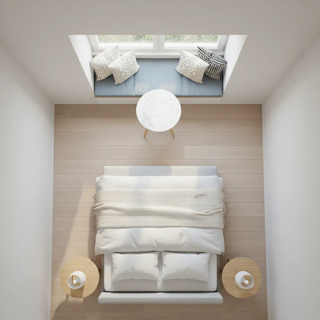 Bedroom layout showing circulation space and furniture placement around a bay window