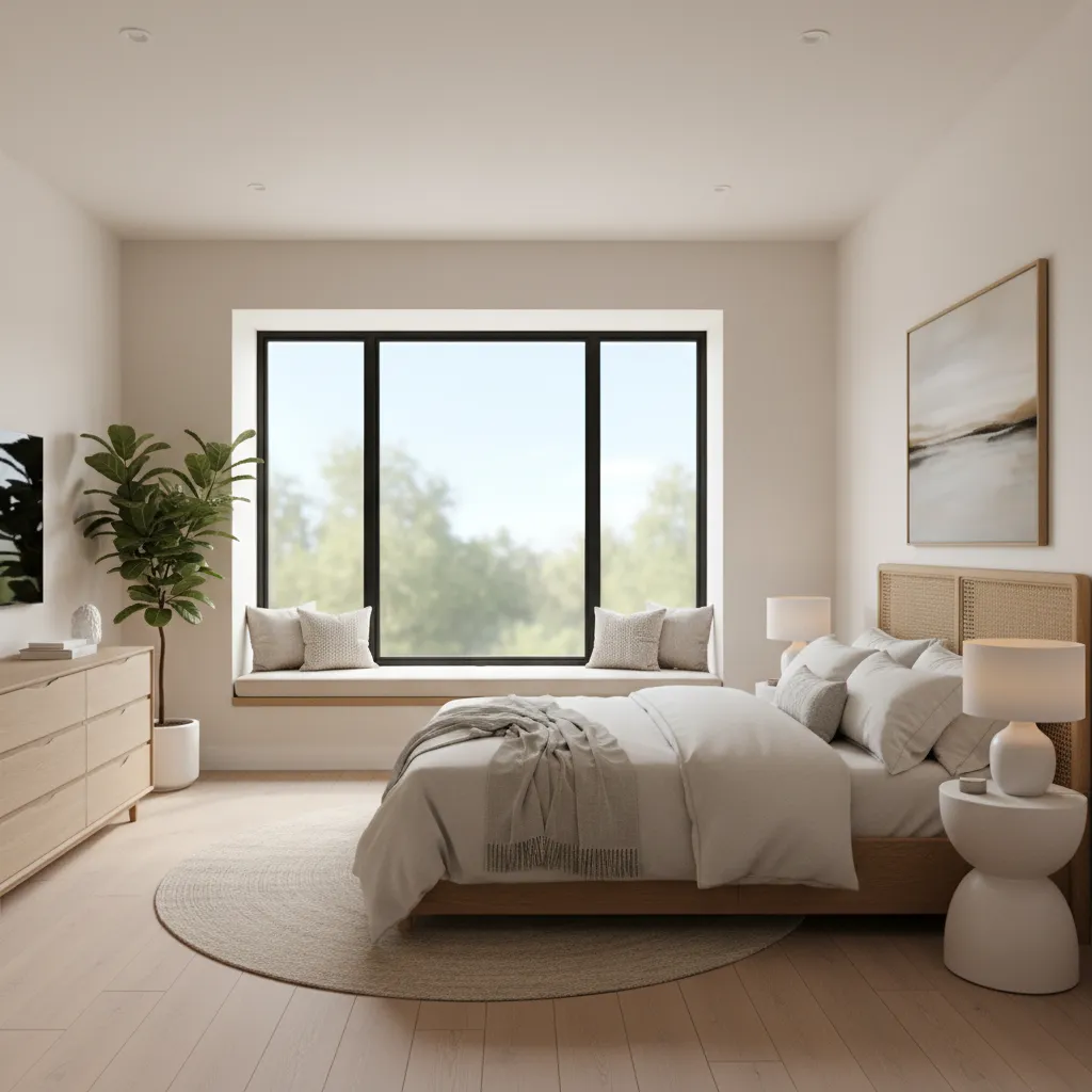 bedroom with balanced natural light from bay window and proper furniture placement