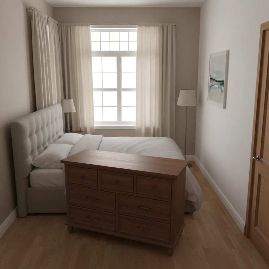 bedroom with awkward furniture layout blocking the bay window
