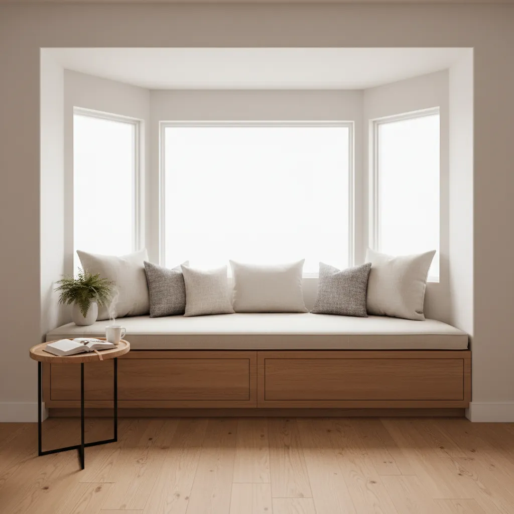bay window bedroom with built in bench and reading nook layout