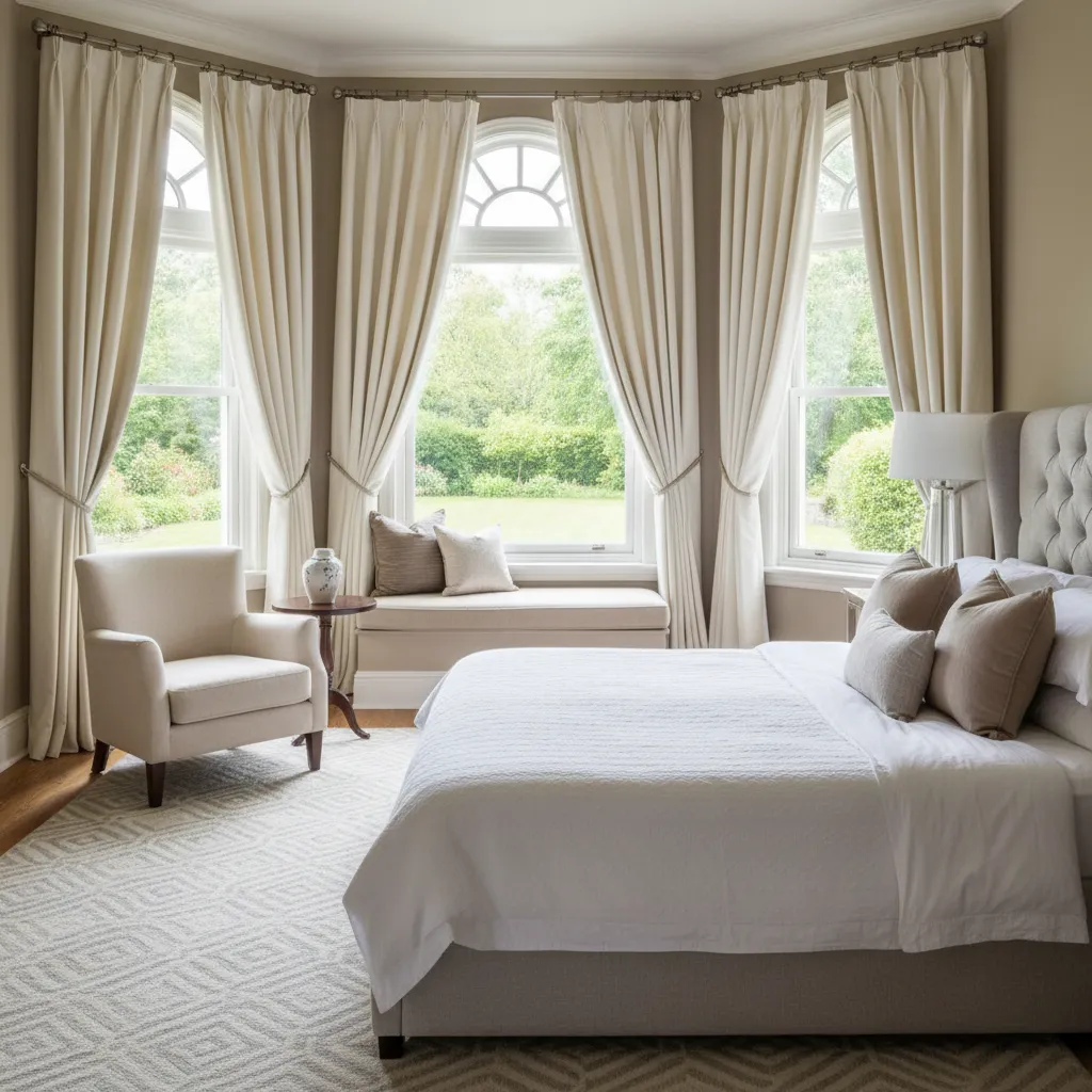 Bay window with curtains demonstrating proper clearance from nearby furniture