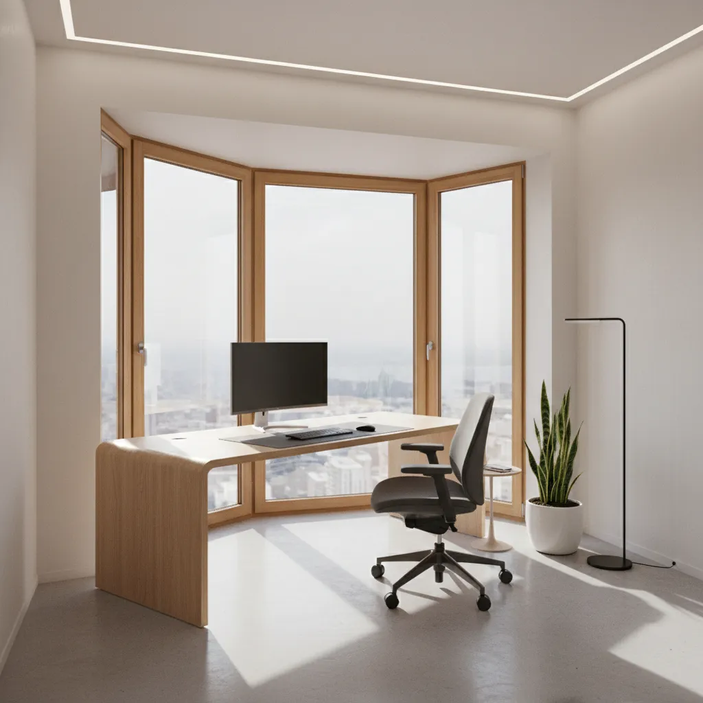 angled desk placement inside three panel bay window layout