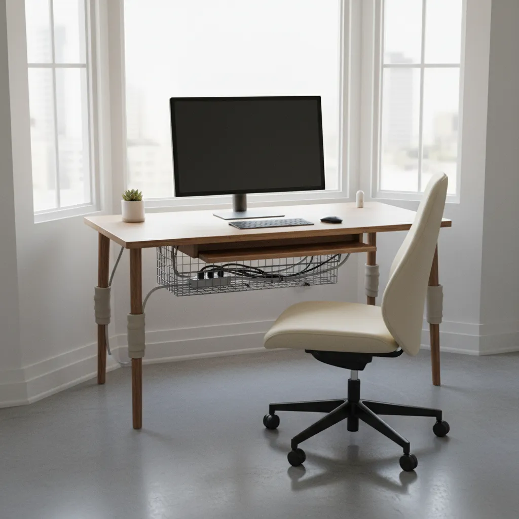 clean cable management setup under a desk placed near a bay window