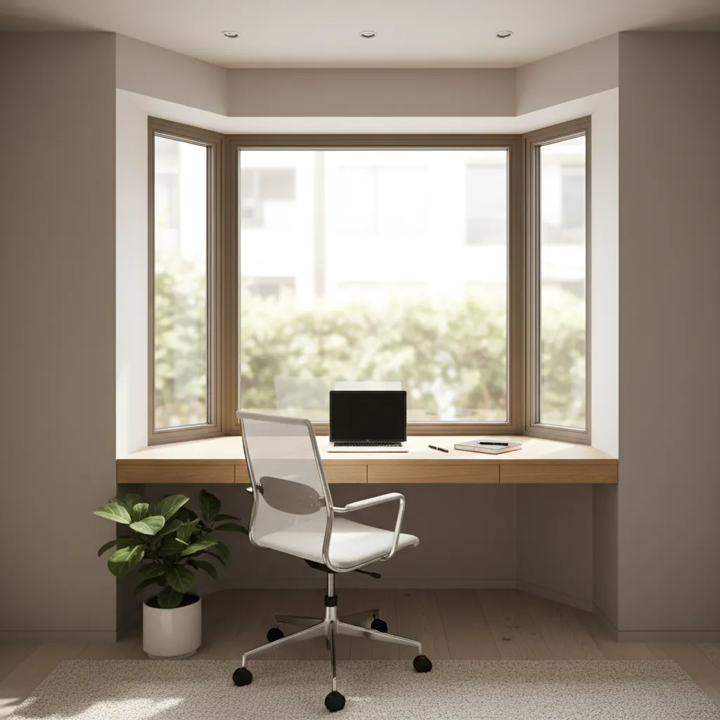 compact home office desk positioned inside a bay window area with natural light