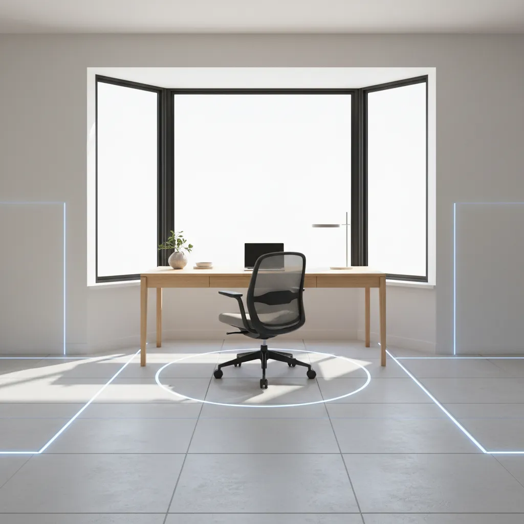 bay window desk layout showing spacing around desk for window access and chair clearance