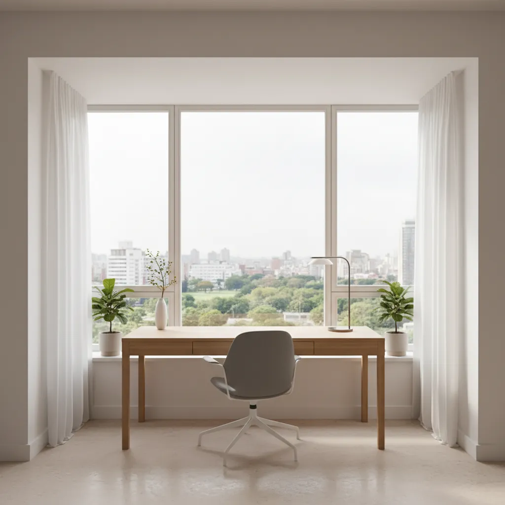 home office desk placed inside a bay window area with natural daylight and simple furniture layout
