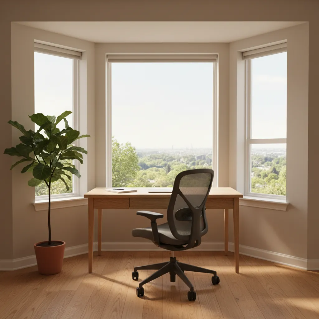 Modern home office workspace inside a bay window with desk facing natural light