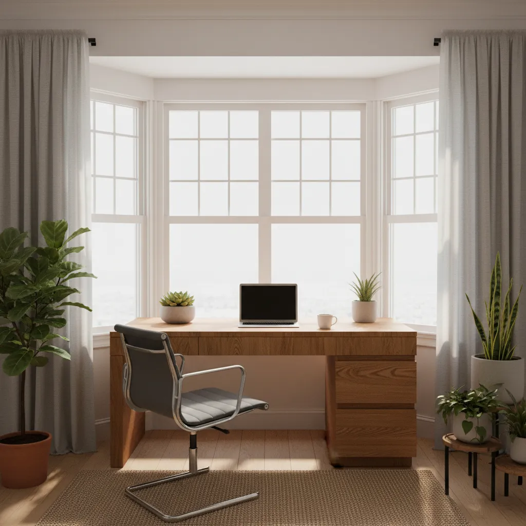 bright bay window home office with desk facing angled windows