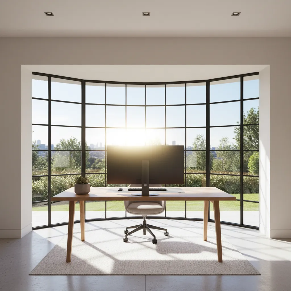 computer monitor near bay window showing sunlight glare on screen