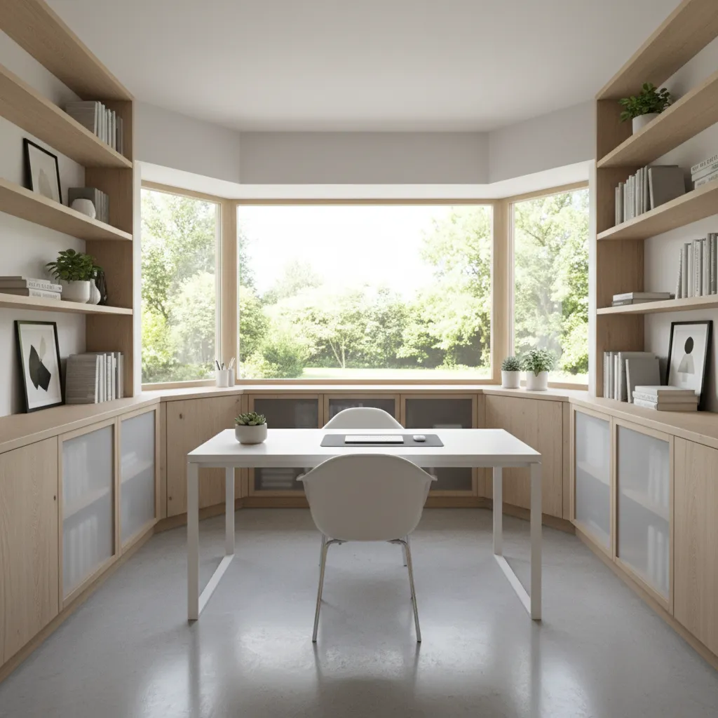 bay window office with desk centered and storage on side panels