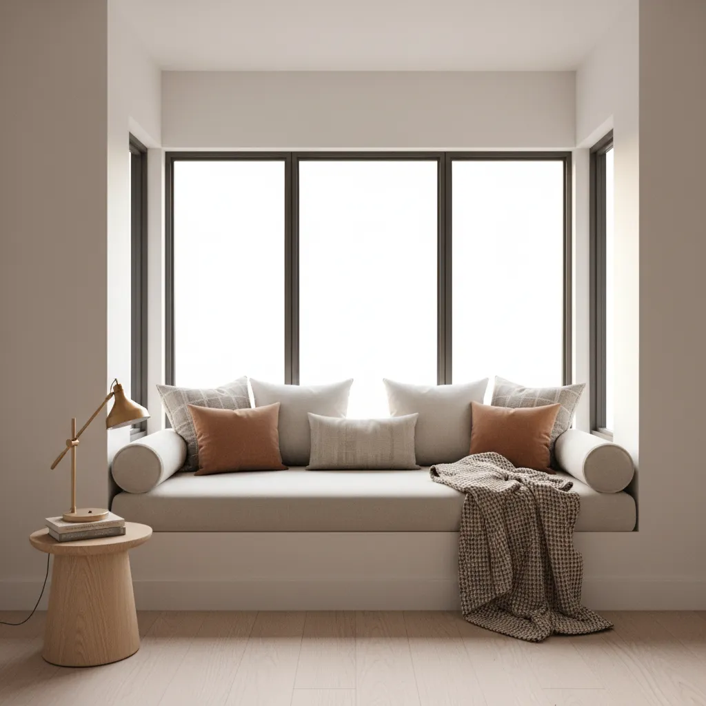 Cozy bedroom bay window reading nook with bench seating and cushions