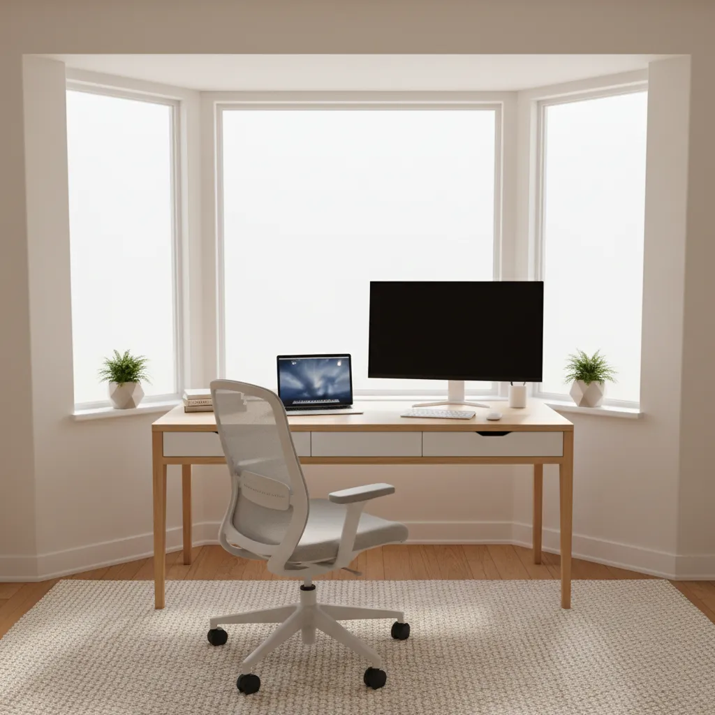 Remote work desk centered in a bright bay window home office