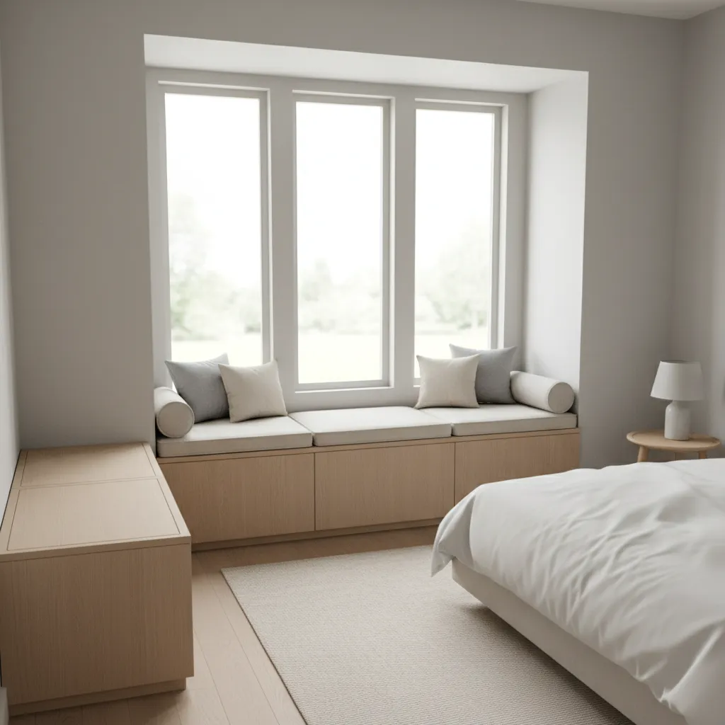 Bedroom bay window with built in storage bench maximizing small space