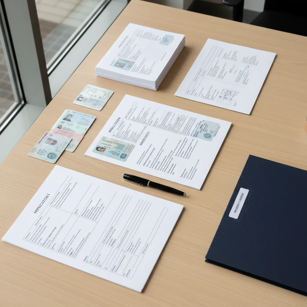 Organized documents and identification papers prepared for municipal office visit