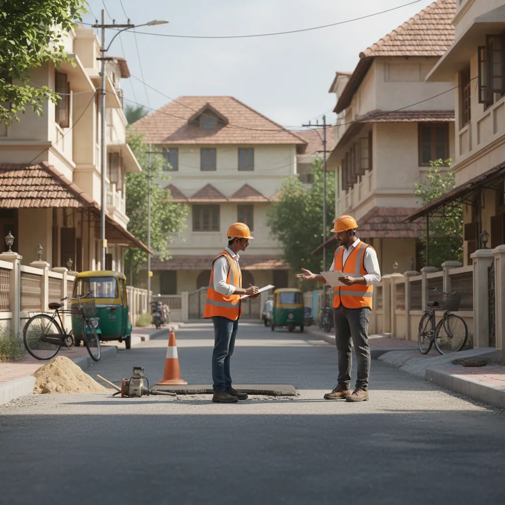 Municipal engineer inspecting neighborhood road maintenance in Bangalore