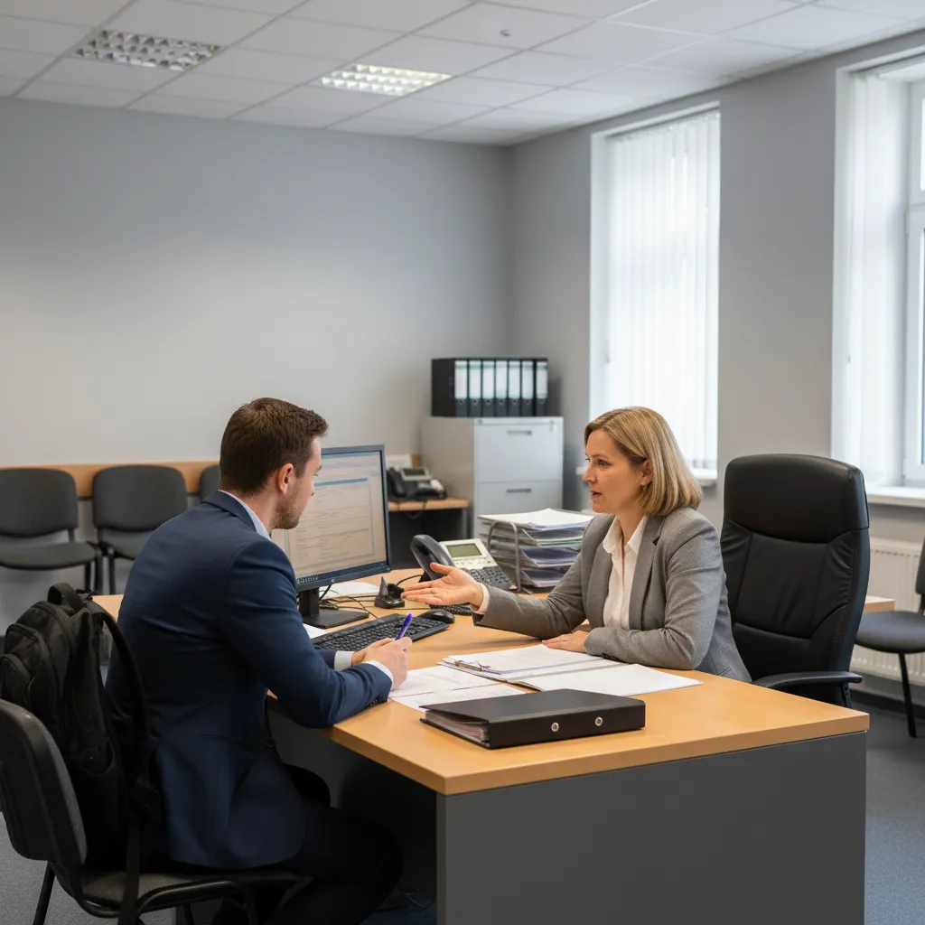 Citizen discussing paperwork with municipal officer inside ward office