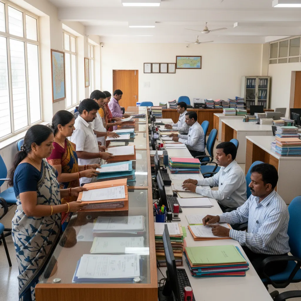 Residents submitting documents at a municipal ward office counter