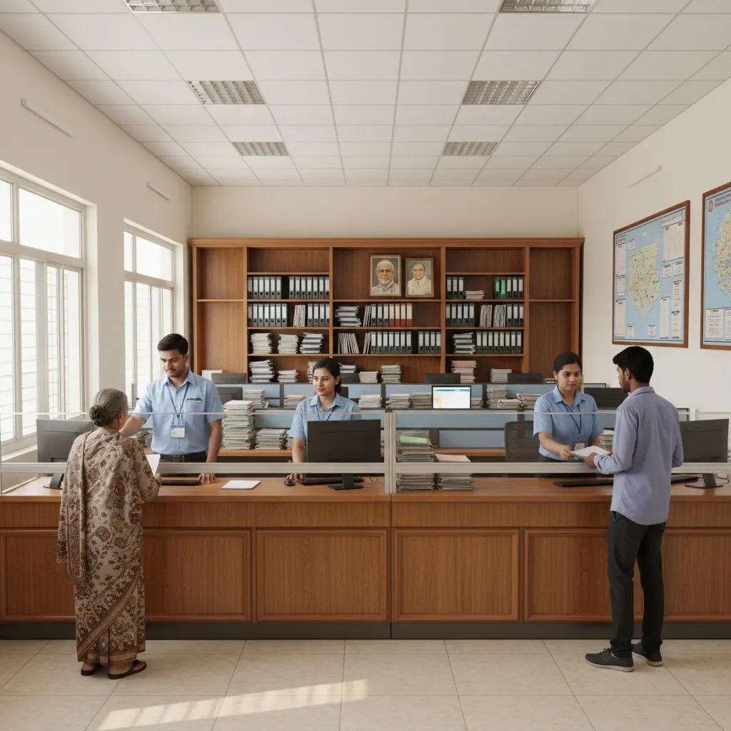 Interior of a municipal ward office service counter with residents speaking to staff