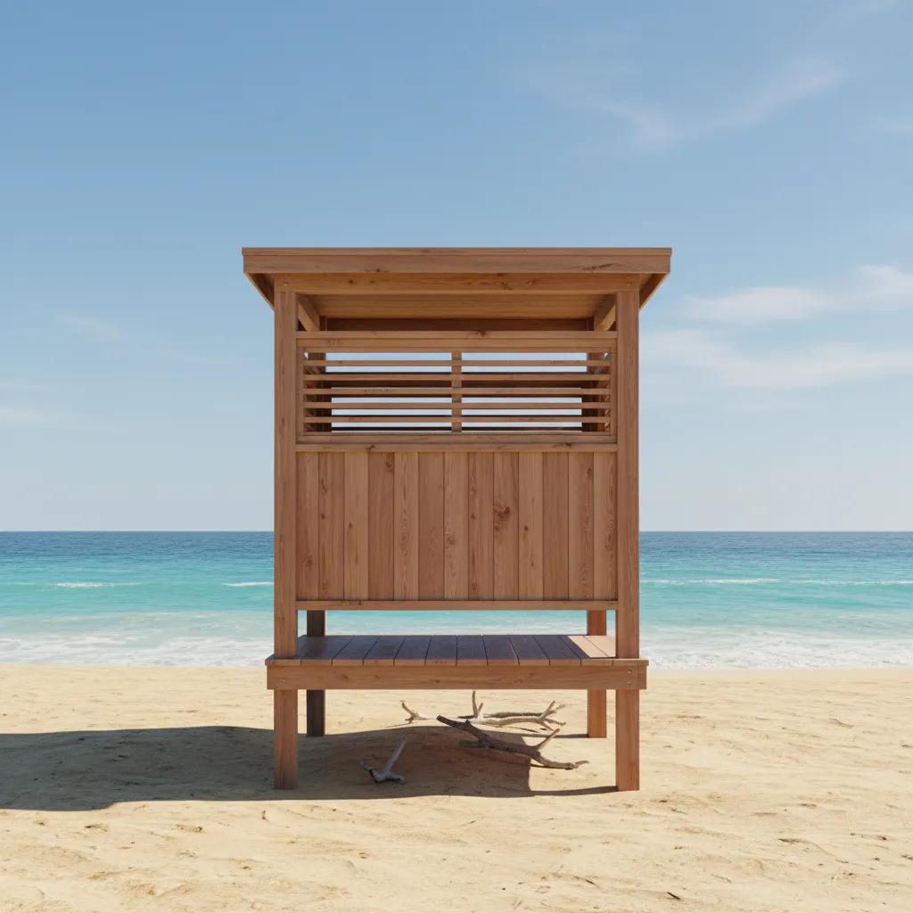Ventilated beach changing booth with wooden panels near ocean