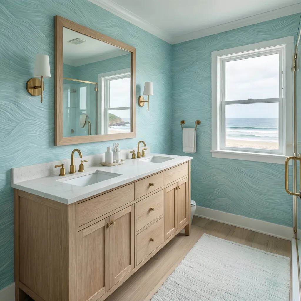 Soft aqua and sand colored coastal bathroom wallpaper with oak vanity