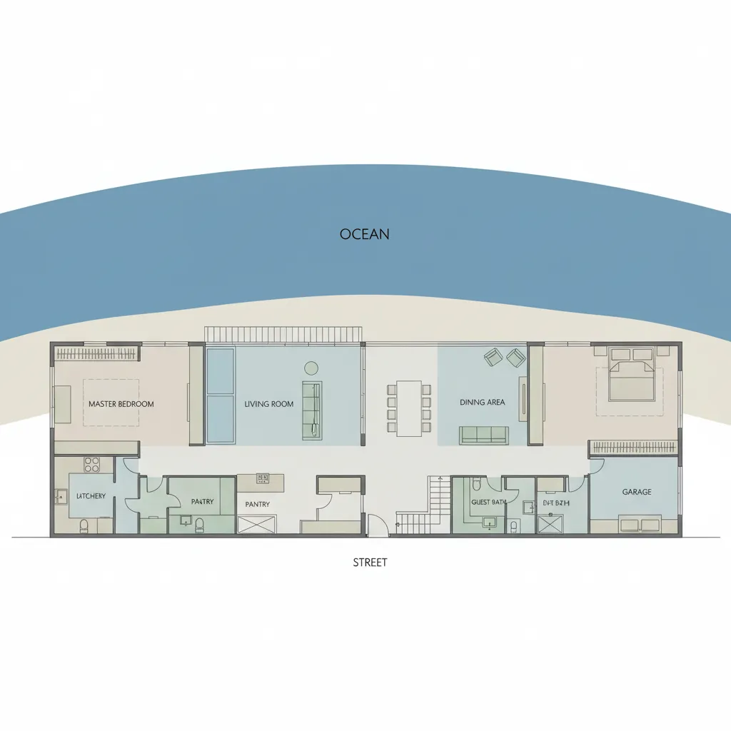 Beach house floor plan showing rooms oriented toward ocean views