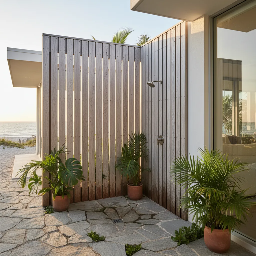 Ducha exterior moderna en una casa de playa