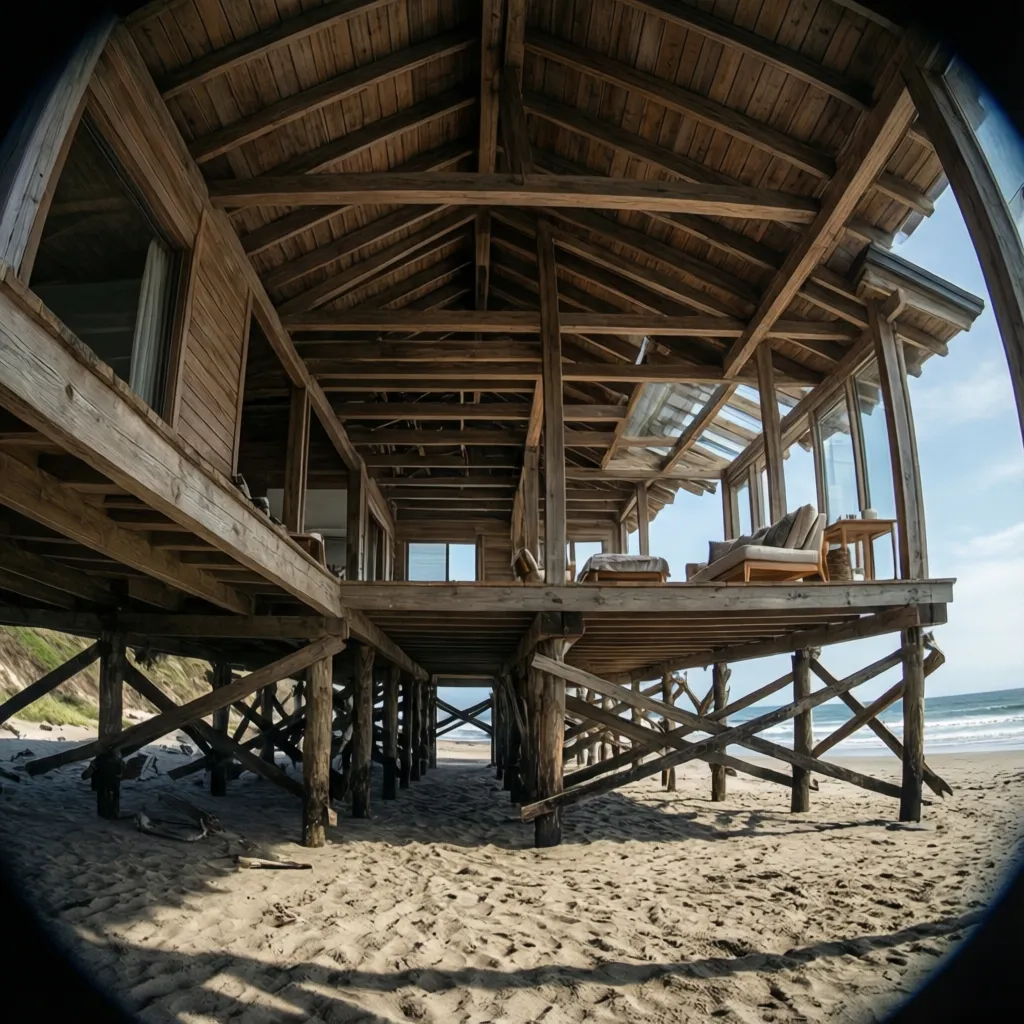 underneath view of beach house showing wooden pilings and elevated structure