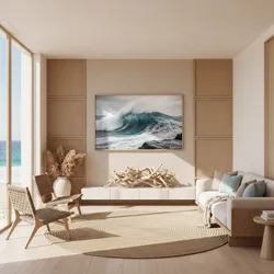 Coastal living room featuring large wave wall art, beige sofa, woven chairs, and sea view