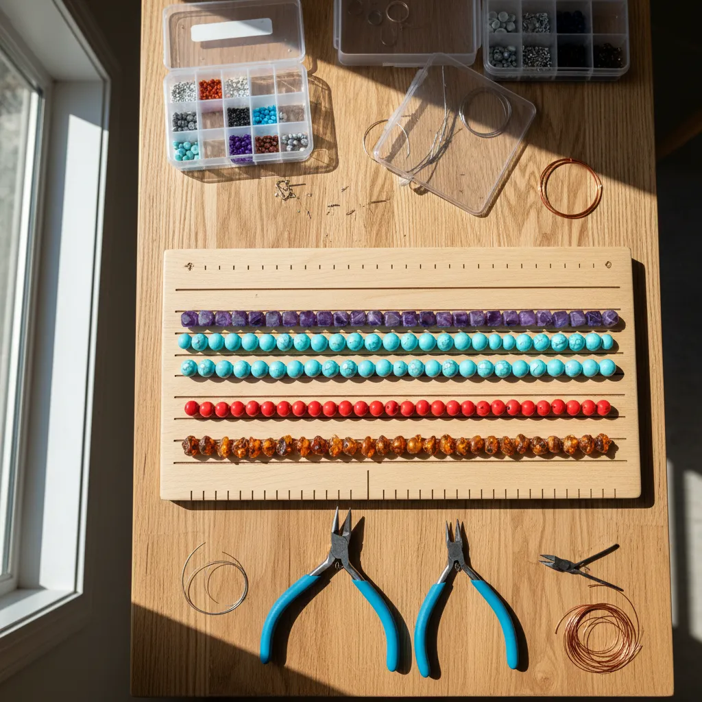 Beads arranged evenly on a bead board for spacing before threading