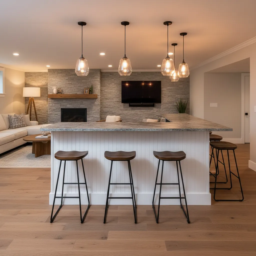basement bar area with beadboard paneling and countertop