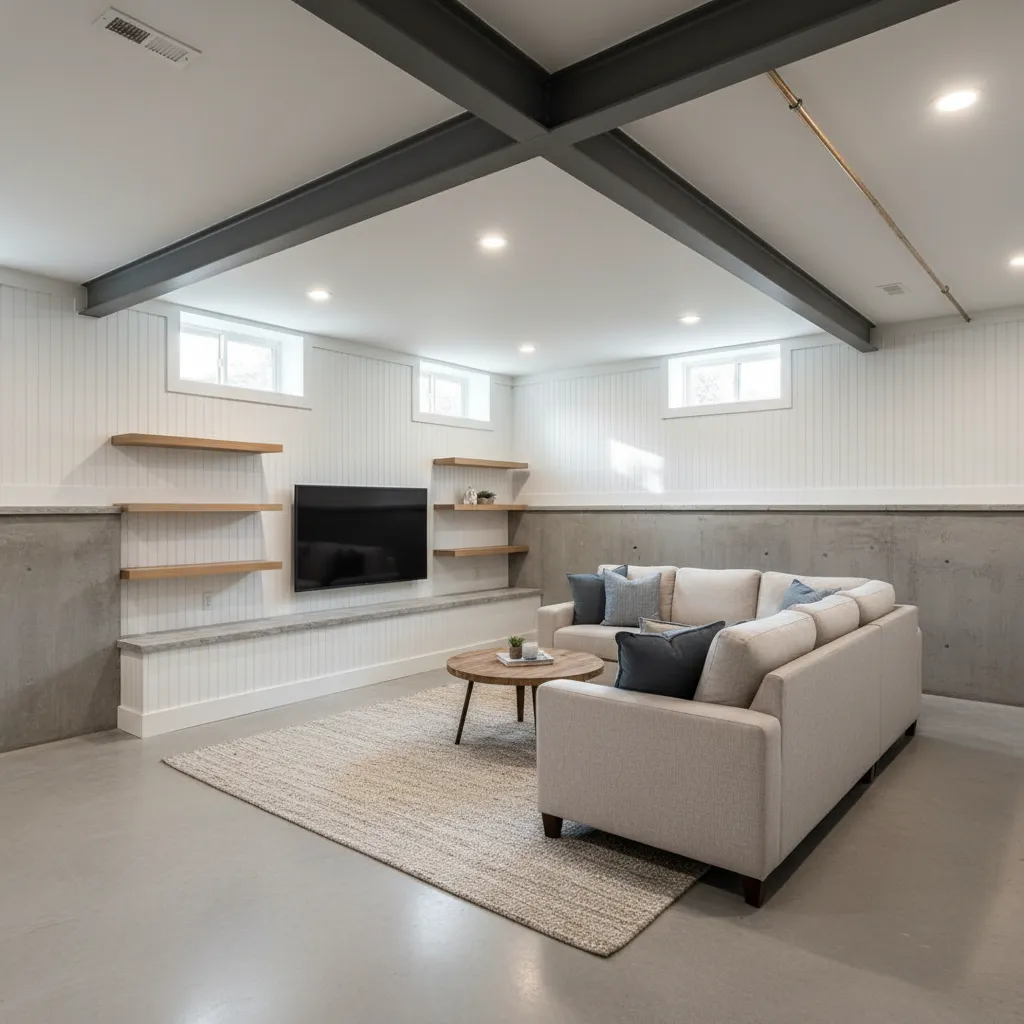 Basement living room with white wall panels, concrete walls, beige sectional sofa, rug, and TV